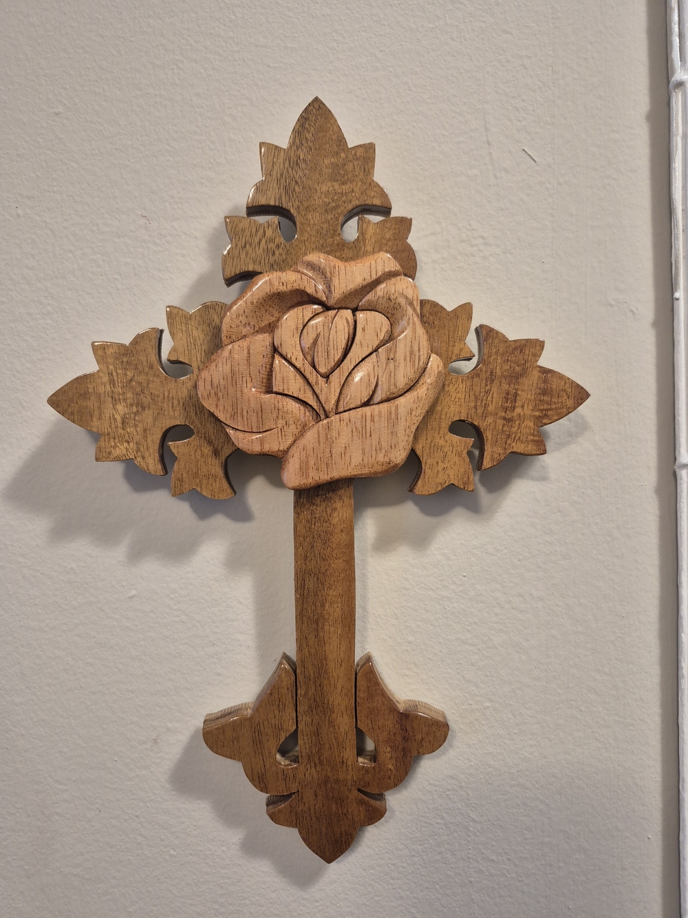 Wooden Rose Cross Wall Hanging - Brown